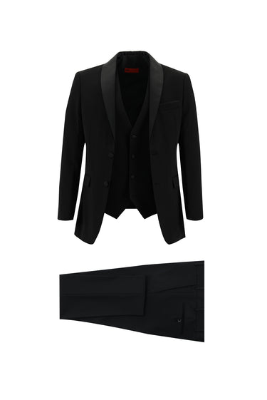 Siyah Slim Fit Dar Kesim Şal Yaka Yelekli Smokin & Damatlık
