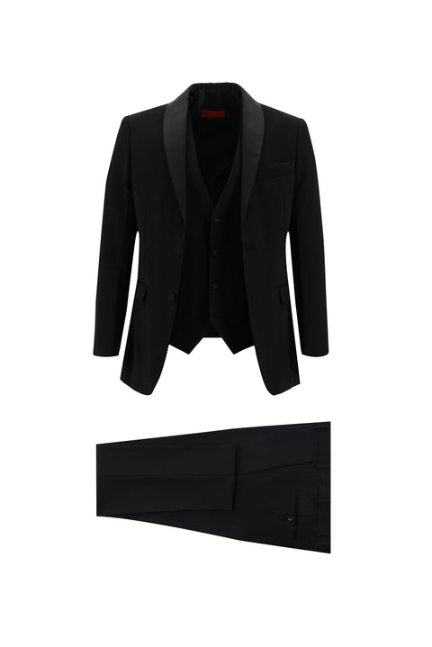 Siyah 7 Drop Slim Fit Dar Kesim Şal Yaka Yelekli Smokin & Damatlık