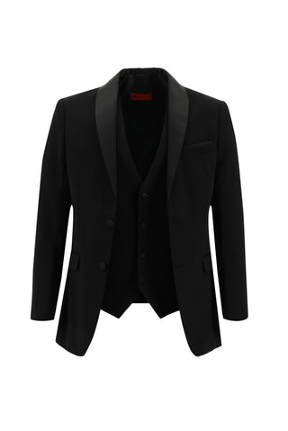  Siyah 7 Drop Slim Fit Dar Kesim Şal Yaka Yelekli Smokin & Damatlık