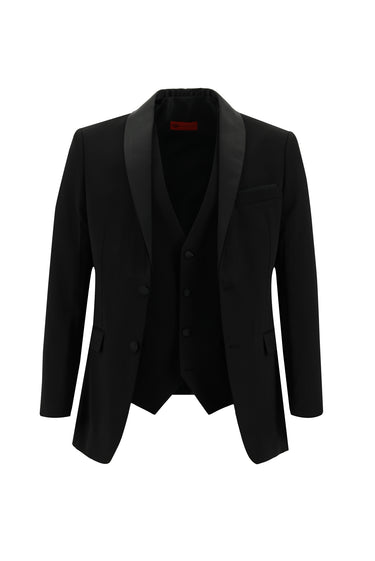 Siyah Slim Fit Dar Kesim Şal Yaka Yelekli Smokin & Damatlık