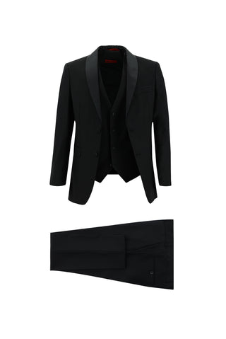  Siyah 7 Drop Slim Fit Dar Kesim Şal Yaka Yelekli Smokin & Damatlık