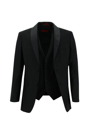  Siyah 7 Drop Slim Fit Dar Kesim Şal Yaka Yelekli Smokin & Damatlık