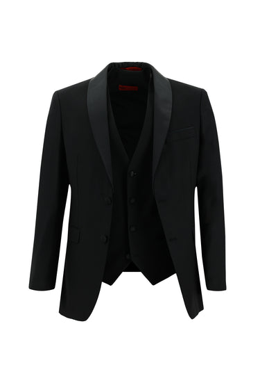  Siyah Slim Fit Dar Kesim Şal Yaka Yelekli Smokin & Damatlık