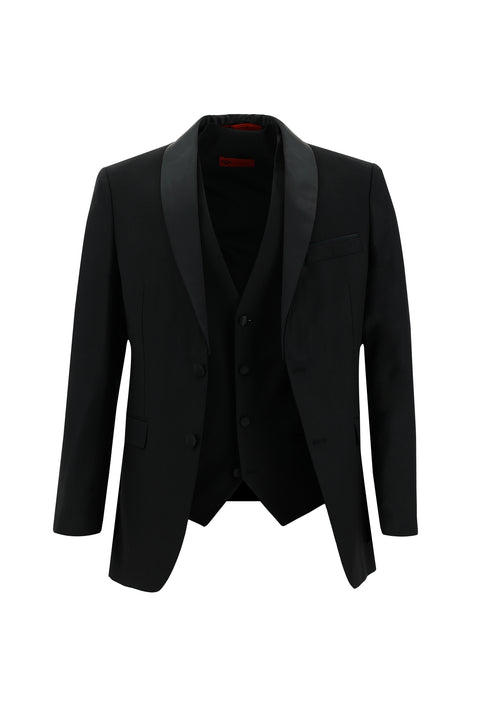 Siyah 7 Drop Slim Fit Dar Kesim Şal Yaka Yelekli Smokin & Damatlık