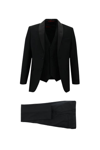  Siyah 7 Drop Slim Fit Dar Kesim Şal Yaka Yelekli Smokin & Damatlık