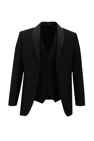  Siyah 7 Drop Slim Fit Dar Kesim Şal Yaka Yelekli Smokin & Damatlık