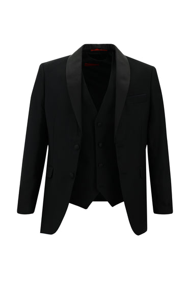 Siyah Slim Fit Dar Kesim Şal Yaka Yelekli Smokin & Damatlık