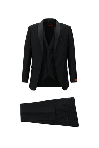  Siyah 7 Drop Slim Fit Dar Kesim Şal Yaka Yelekli Smokin & Damatlık