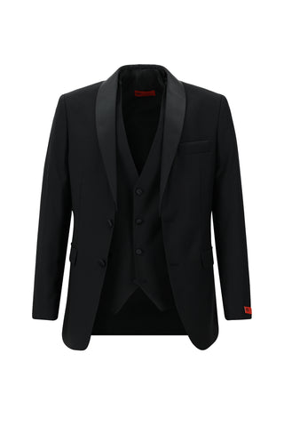  Siyah 7 Drop Slim Fit Dar Kesim Şal Yaka Yelekli Smokin & Damatlık