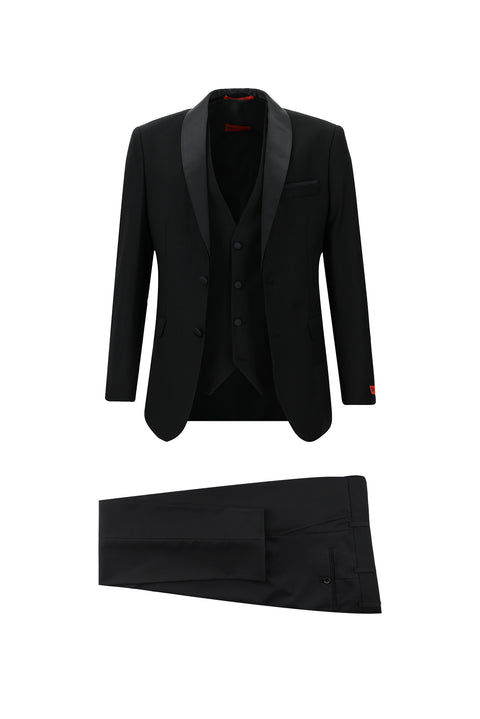 Siyah 7 Drop Slim Fit Dar Kesim Şal Yaka Yelekli Smokin & Damatlık