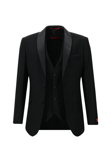 Siyah Slim Fit Dar Kesim Şal Yaka Yelekli Smokin & Damatlık