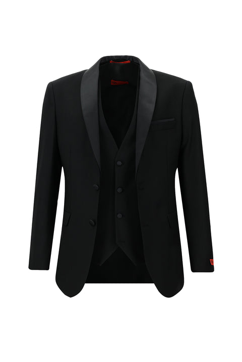 Siyah 7 Drop Slim Fit Dar Kesim Şal Yaka Yelekli Smokin & Damatlık