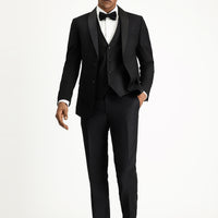 Siyah Slim Fit Dar Kesim Şal Yaka Yelekli Smokin & Damatlık