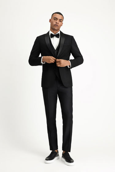 Siyah Slim Fit Dar Kesim Şal Yaka Yelekli Smokin & Damatlık