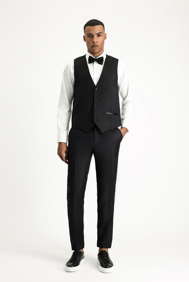 Siyah Slim Fit Dar Kesim Şal Yaka Yelekli Smokin & Damatlık