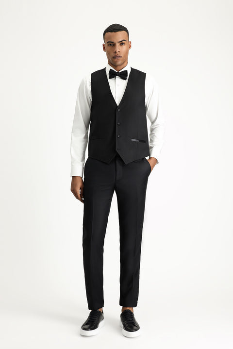 Siyah 7 Drop Slim Fit Dar Kesim Şal Yaka Yelekli Smokin & Damatlık