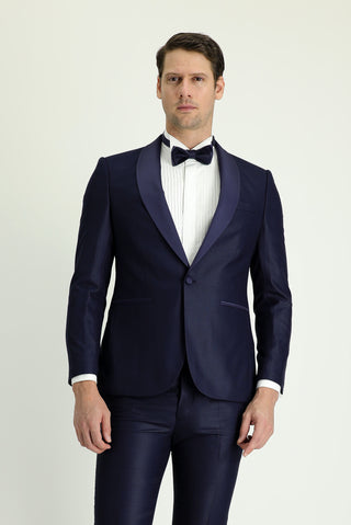  Koyu Lacivert 7 Drop Slim Fit Dar Kesim Şal Yaka Smokin & Damatlık