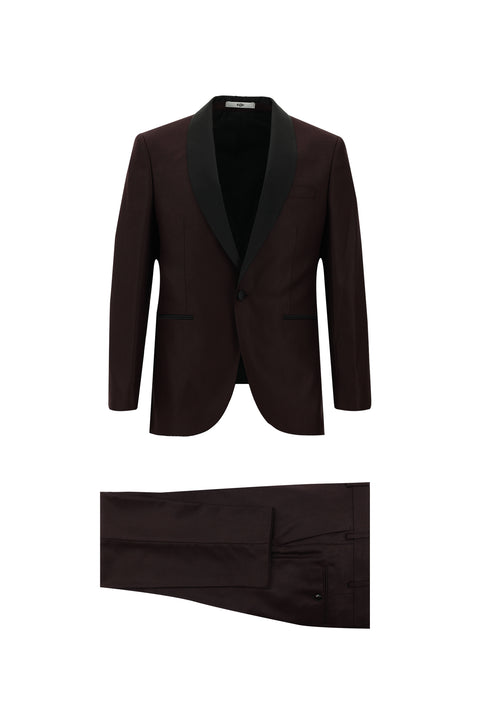 Koyu Bordo 7 Drop Slim Fit Dar Kesim Şal Yaka Smokin & Damatlık