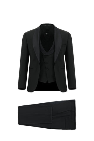  Siyah 7 Drop Slim Fit Dar Kesim Şal Yaka Yünlü Yelekli Smokin & Damatlık