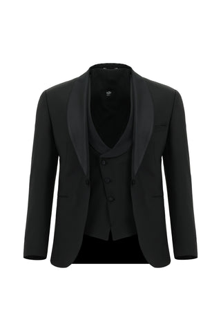  Siyah 7 Drop Slim Fit Dar Kesim Şal Yaka Yünlü Yelekli Smokin & Damatlık