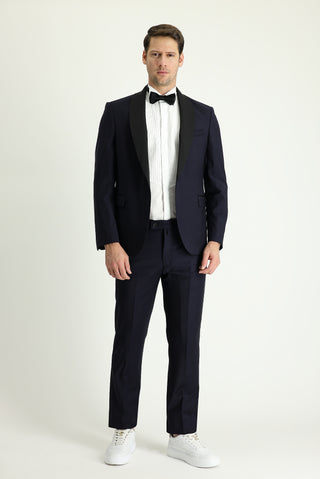  Koyu Lacivert 7 Drop Slim Fit Dar Kesim Şal Yaka Yünlü Smokin & Damatlık