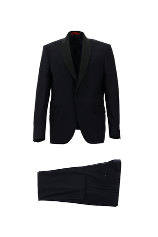  Koyu Lacivert 7 Drop Slim Fit Dar Kesim Şal Yaka Yünlü Smokin & Damatlık