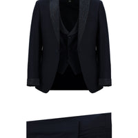 Koyu Lacivert 7 Drop Slim Fit Dar Kesim Sivri Yaka Yelekli Smokin & Damatlık
