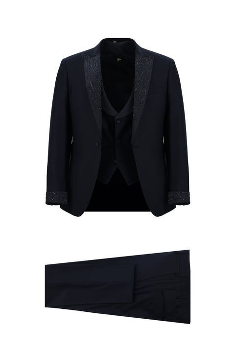 Koyu Lacivert 7 Drop Slim Fit Dar Kesim Sivri Yaka Yelekli Smokin & Damatlık