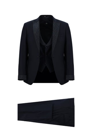  Koyu Lacivert 7 Drop Slim Fit Dar Kesim Sivri Yaka Yelekli Smokin & Damatlık