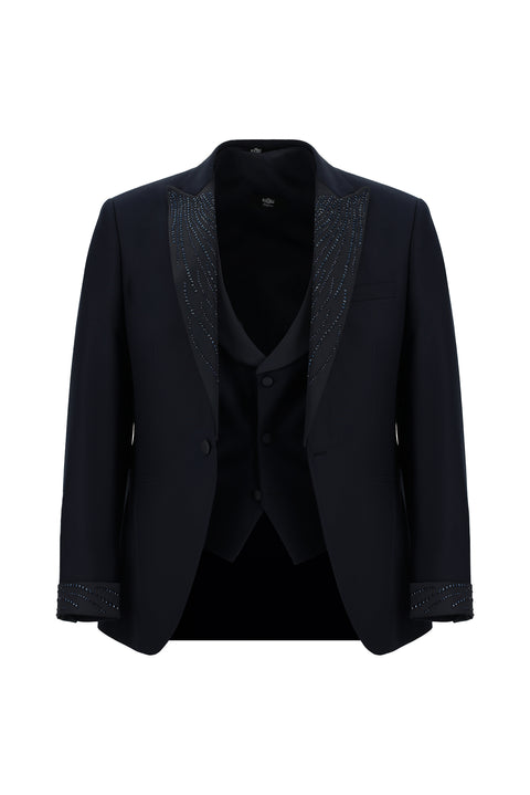 Koyu Lacivert 7 Drop Slim Fit Dar Kesim Sivri Yaka Yelekli Smokin & Damatlık