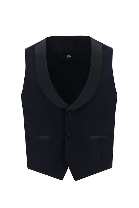 Koyu Lacivert 7 Drop Slim Fit Dar Kesim Sivri Yaka Yelekli Smokin & Damatlık