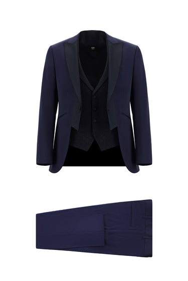  Mavi Slim Fit Dar Kesim Mono Yaka Yelekli Smokin & Damatlık