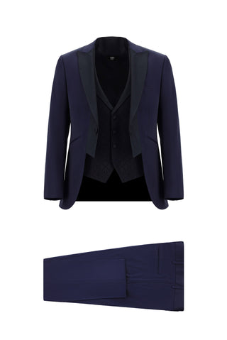  Mavi 7 Drop Slim Fit Dar Kesim Mono Yaka Yelekli Smokin & Damatlık
