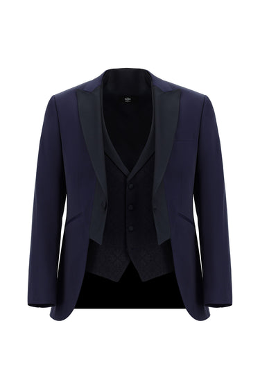  Mavi Slim Fit Dar Kesim Mono Yaka Yelekli Smokin & Damatlık