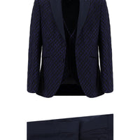 Koyu Lacivert 7 Drop Slim Fit Dar Kesim Sivri Yaka Desenli Yelekli Smokin & Damatlık