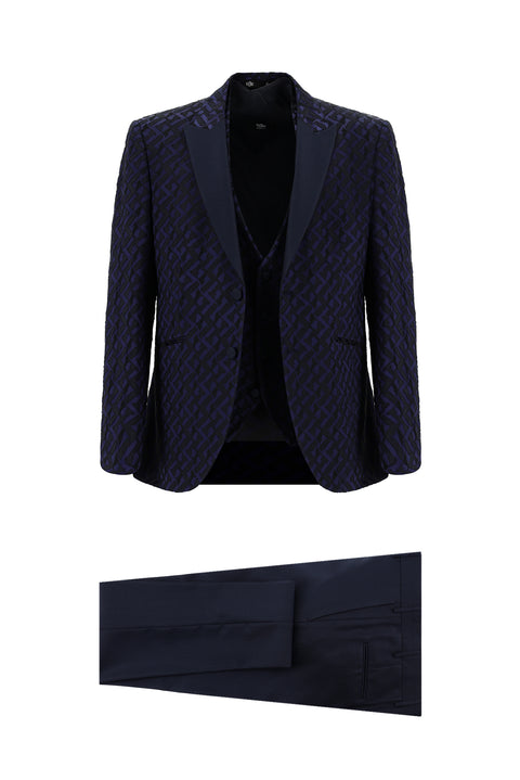 Koyu Lacivert 7 Drop Slim Fit Dar Kesim Sivri Yaka Desenli Yelekli Smokin & Damatlık