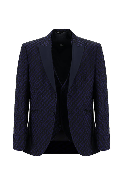Koyu Lacivert 7 Drop Slim Fit Dar Kesim Sivri Yaka Desenli Yelekli Smokin & Damatlık