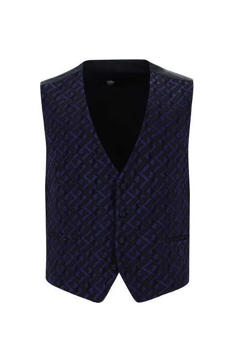 Koyu Lacivert 7 Drop Slim Fit Dar Kesim Sivri Yaka Desenli Yelekli Smokin & Damatlık