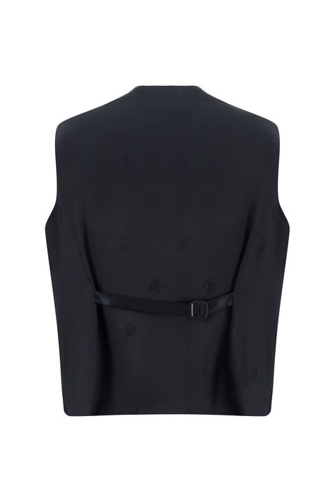 Koyu Lacivert 7 Drop Slim Fit Dar Kesim Sivri Yaka Desenli Yelekli Smokin & Damatlık