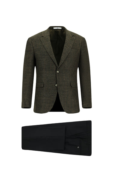  Orta Haki Slim Fit Dar Kesim Yünlü Desenli Kombinli Takım Elbise