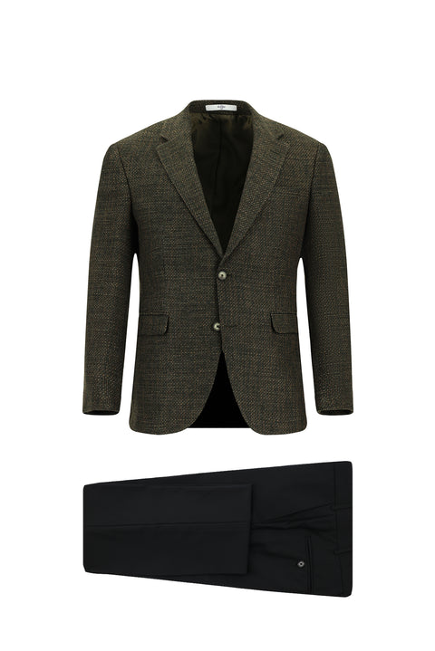 Orta Haki 7 Drop Slim Fit Dar Kesim Yünlü Desenli Kombinli Takım Elbise