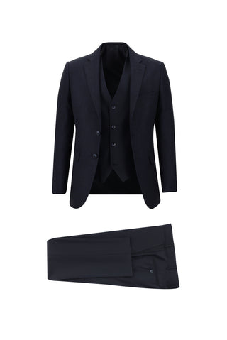  Orta Lacivert 7 Drop Slim Fit Dar Kesim Desenli Kombinli Yelekli Takım Elbise