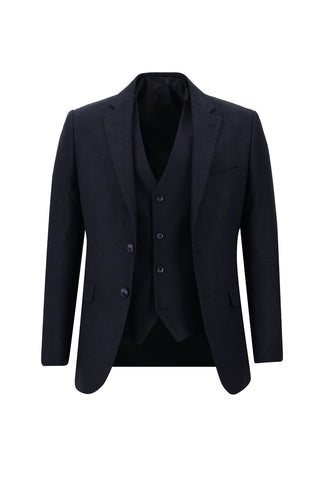  Orta Lacivert 7 Drop Slim Fit Dar Kesim Desenli Kombinli Yelekli Takım Elbise