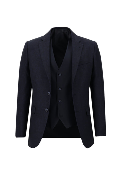 Orta Lacivert 7 Drop Slim Fit Dar Kesim Kombinli Yelekli Takım Elbise