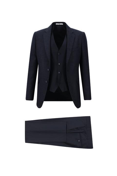 Koyu Lacivert 7 Drop Slim Fit Dar Kesim Kombinli Yelekli Takım Elbise