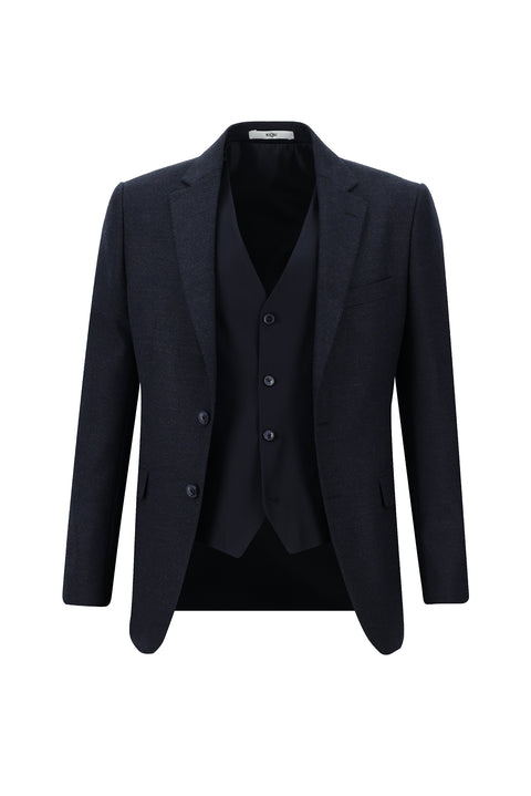 Koyu Lacivert 7 Drop Slim Fit Dar Kesim Kombinli Yelekli Takım Elbise