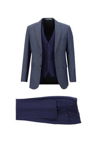  Orta Lacivert Slim Fit Dar Kesim Beli Lastikli İpli Kombinli Yelekli Takım Elbise