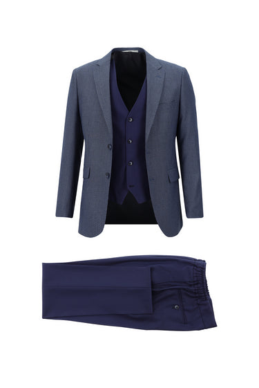 Orta Lacivert Slim Fit Dar Kesim Beli Lastikli İpli Kombinli Yelekli Takım Elbise
