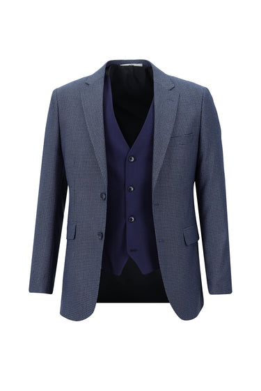Orta Lacivert Slim Fit Dar Kesim Beli Lastikli İpli Kombinli Yelekli Takım Elbise