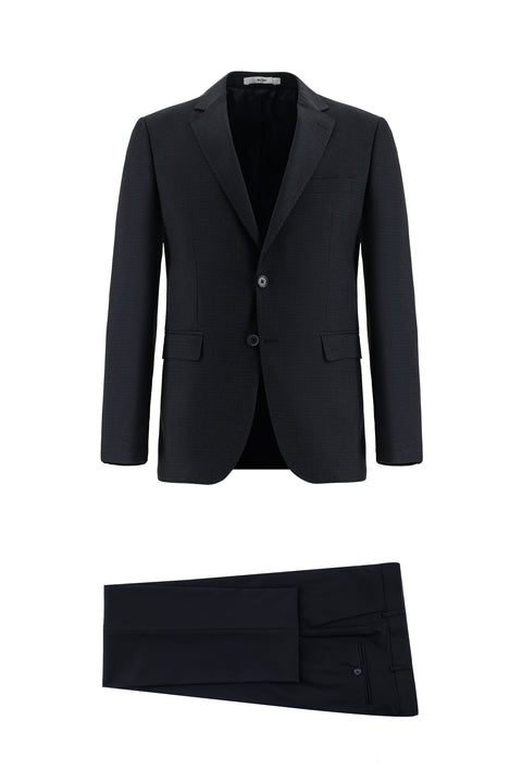 Koyu Lacivert 7 Drop Slim Fit Dar Kesim Desenli Kombinli Takım Elbise